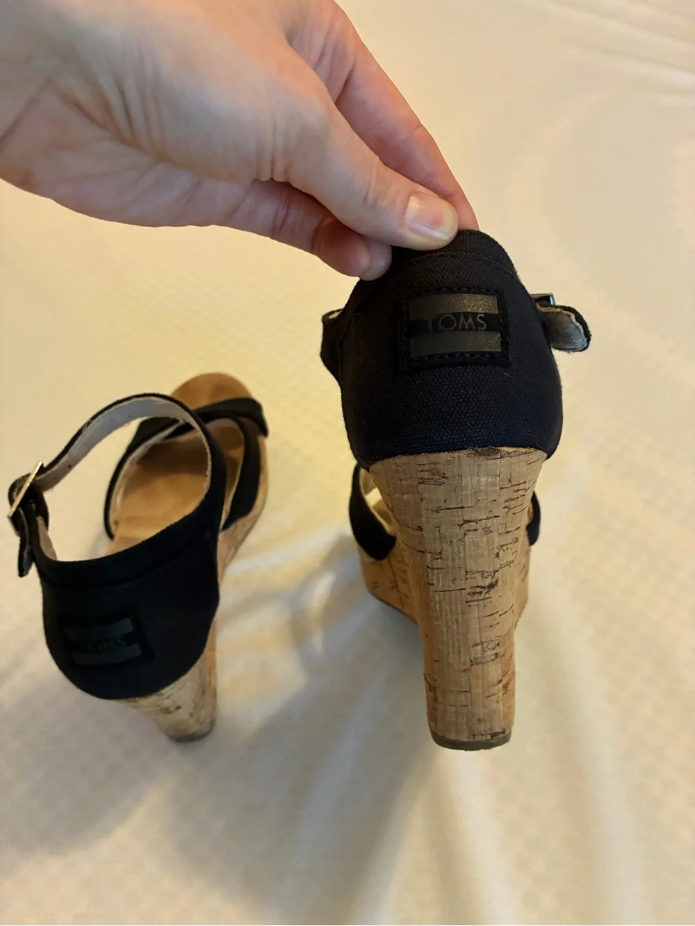 Toms Black Cork Wedge Sandals with Ankle Buckle